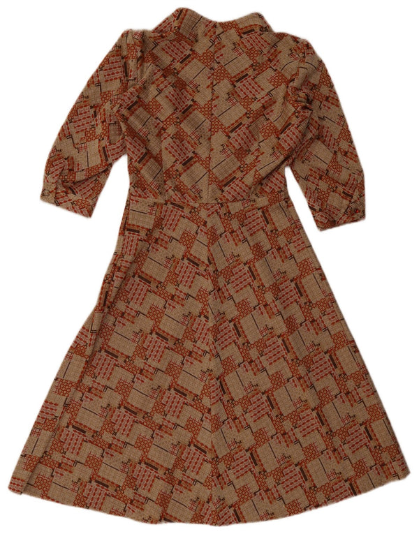 Vintage Damen 3/4-Ärmel A-Linien-Kleid UK 10 Small Brown Geometrisch