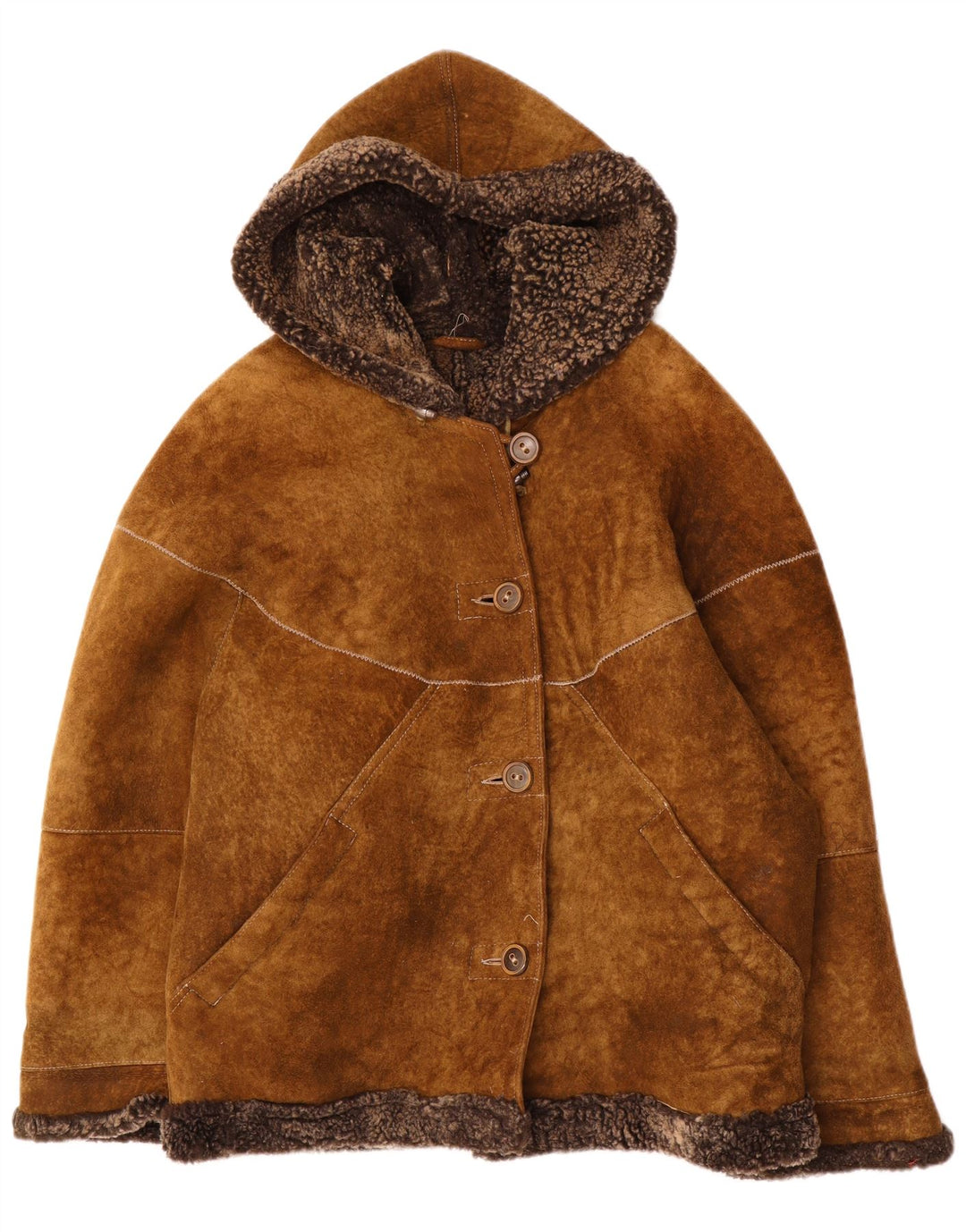 Vintage Damen-Kapuzen-Übergröße-Shearling-Jacke IT 44 Mittelbraun