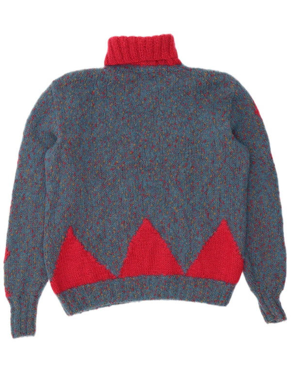 Vintage Damen Rollkragenpullover Pullover UK 14 Groß Blau Geometrisch