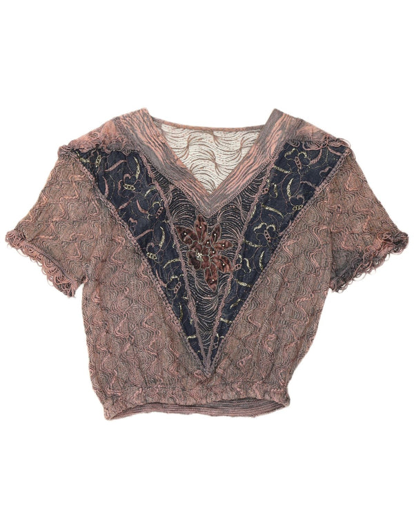 Vintage Damen Bluse Top UK 16 Große rosa geblümte Viskose