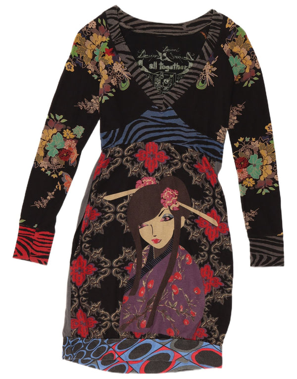 Desigual Damen Langarm-Etuikleid UK 10 Small Schwarz geblümte Baumwolle