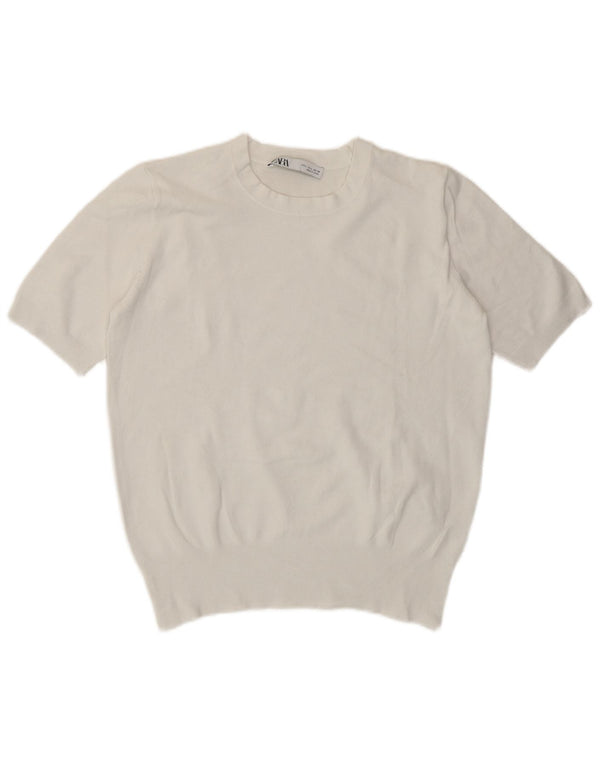 Zara Damen Crop T-Shirt Top UK 14 Large Weiße Viskose
