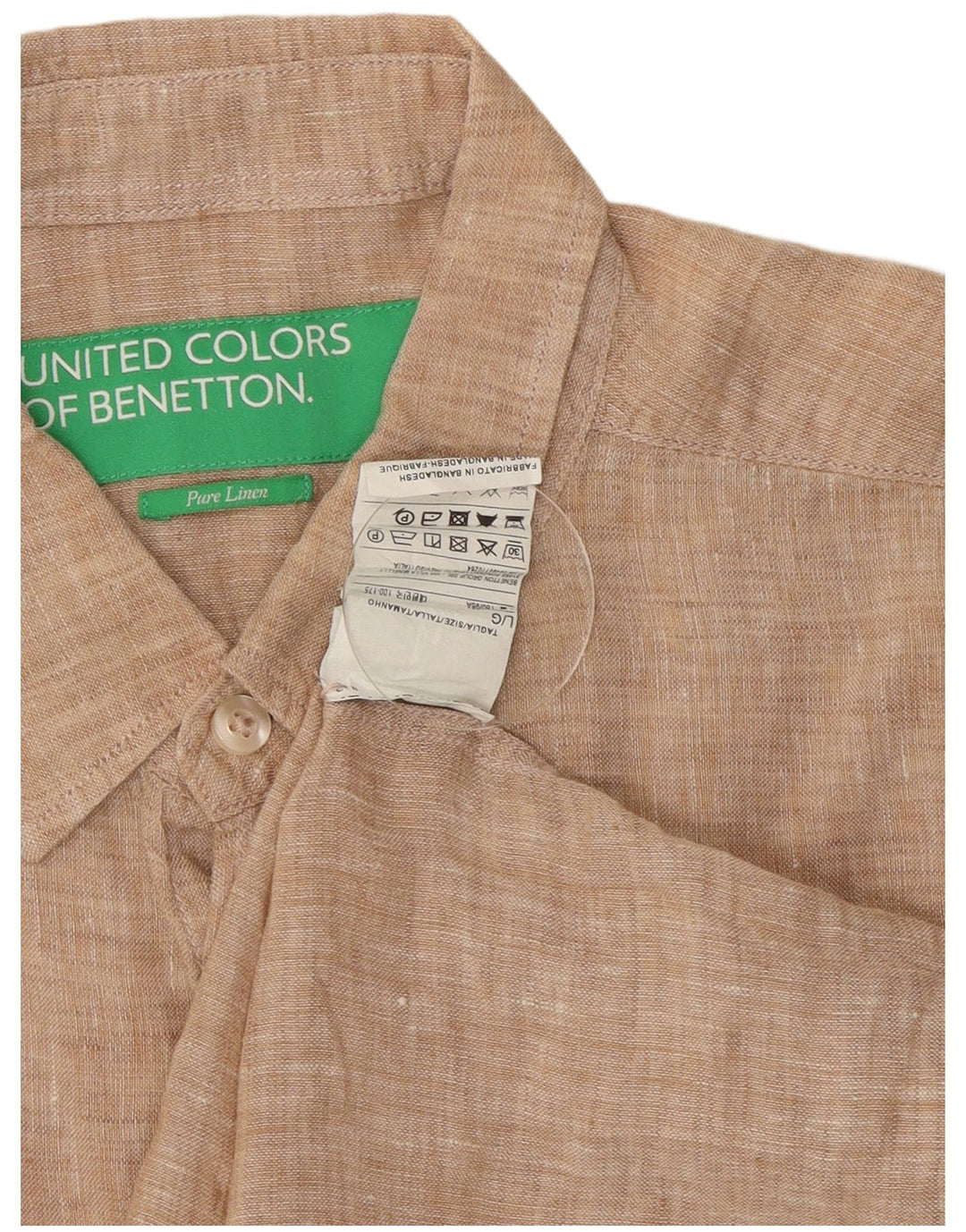 Benetton Herren Kurzarmhemd Large Beige Leinen