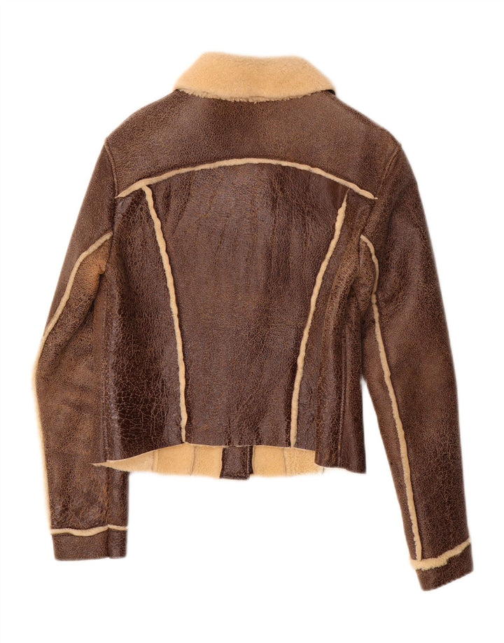Vintage Damen Crop Shearling Jacke UK 14 Großes braunes Shearling