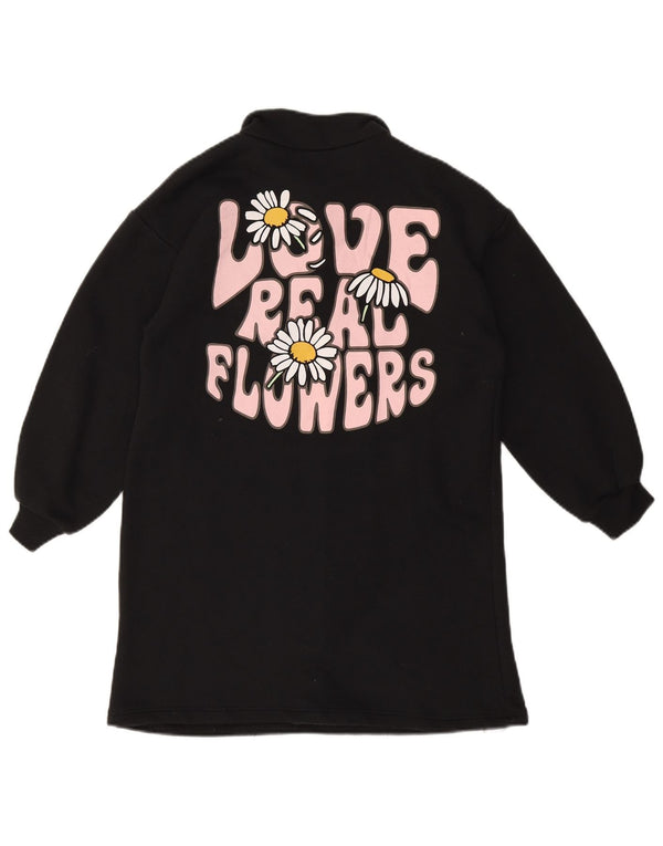 Zara Mädchen Langarm-Polokleid mit Grafik, 9–10 Jahre, schwarze Baumwolle