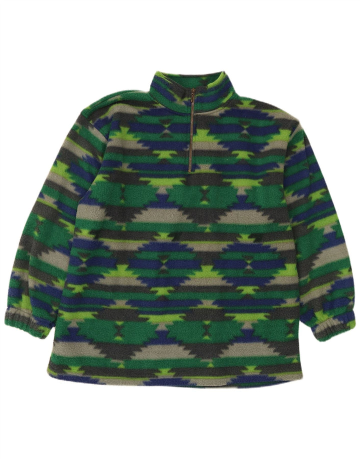Vintage Herren-Fleecepullover mit Reißverschluss am Hals, großes grünes geometrisches Polyester