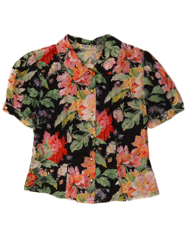 FASCINO Womens Short Sleeve Shirt Blouse IT 46 Large Black Floral Cotton