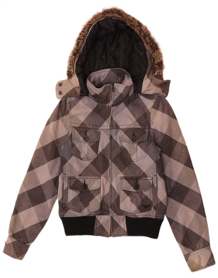 Roxy Damen-Bomberjacke mit Kapuze, UK 10, Größe S, grau karierte Baumwolle