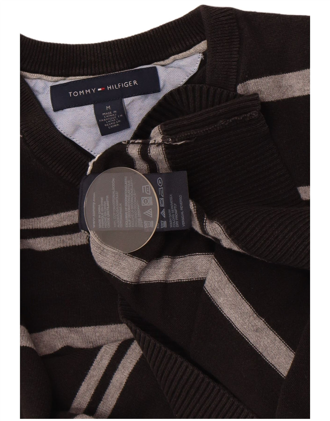 Tommy Hilfiger Herren-Pullover mit V-Ausschnitt, mittelschwarz, gestreift, Baumwolle