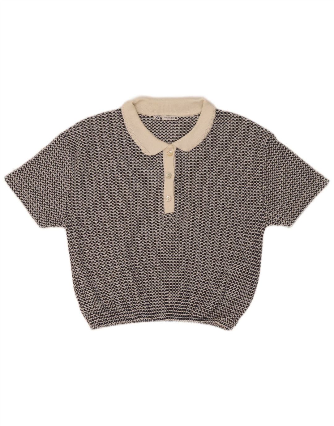 Zara Damen Crop Poloshirt UK 10 Small Blau Geometrisch Polyester