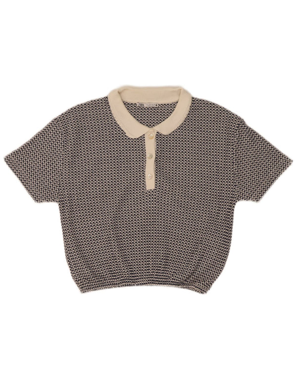 Zara Damen Crop Poloshirt UK 10 Small Blau Geometrisch Polyester