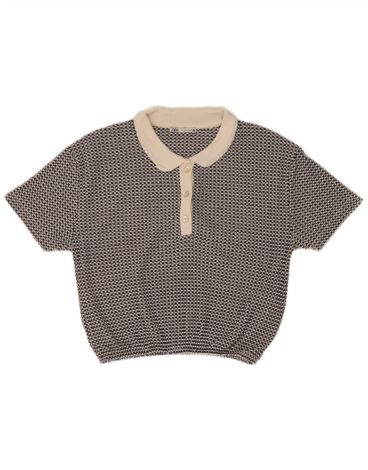 Zara Damen Crop Poloshirt UK 10 Small Blau Geometrisch Polyester