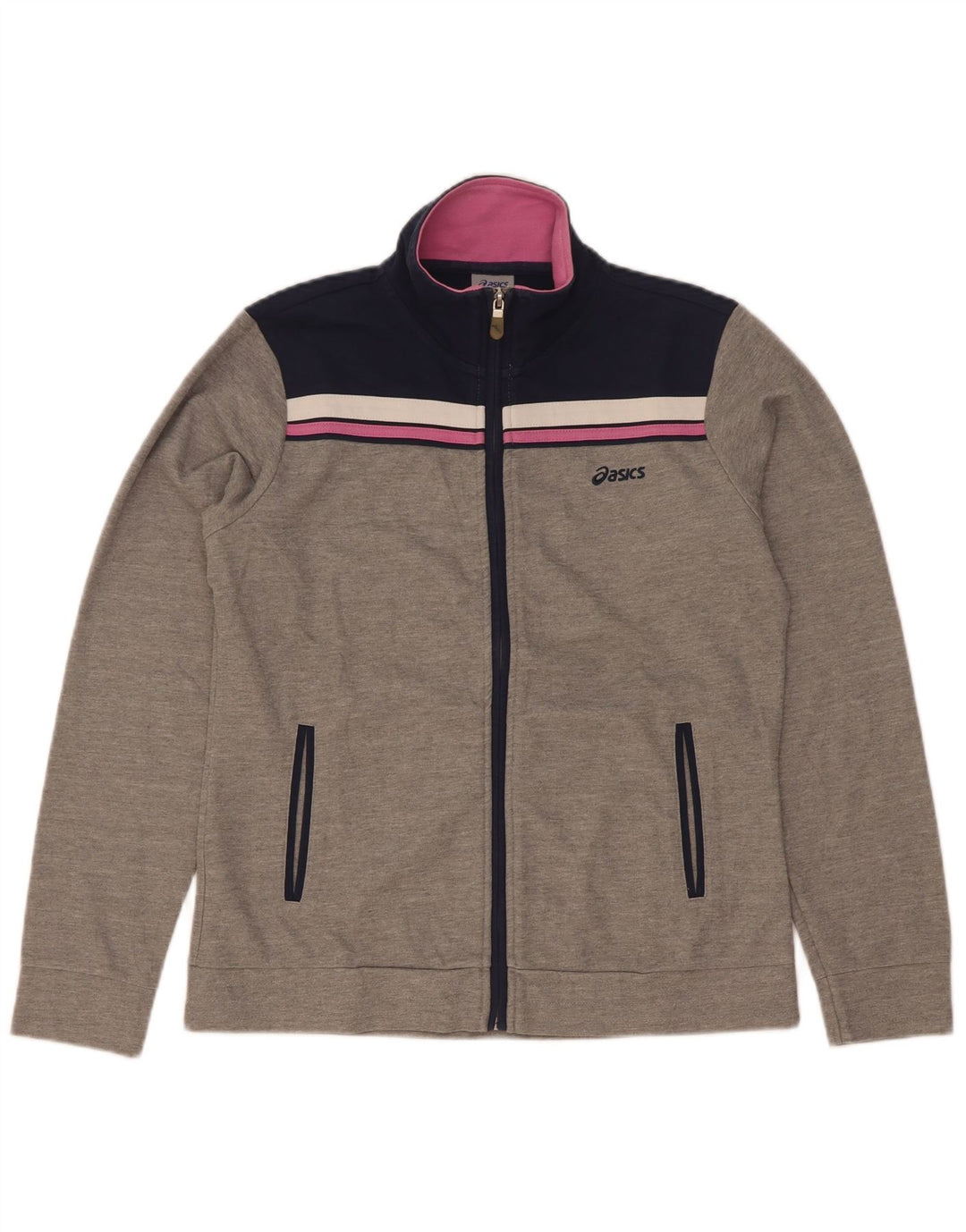 Asics Damen-Trainingsanzug-Top-Jacke UK 14 Mittelgraue Colourblock-Baumwolle