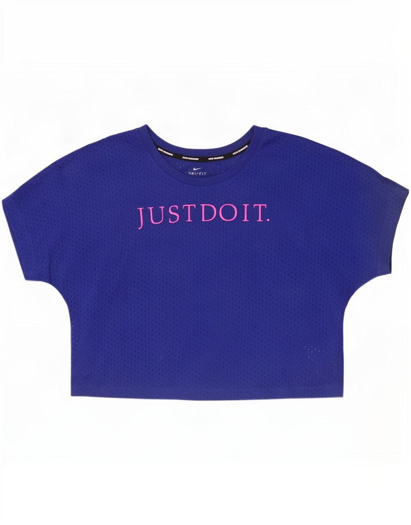 Nike Damen Dri Fit Crop Graphic T-Shirt Top UK 16 Large Blau Polyester