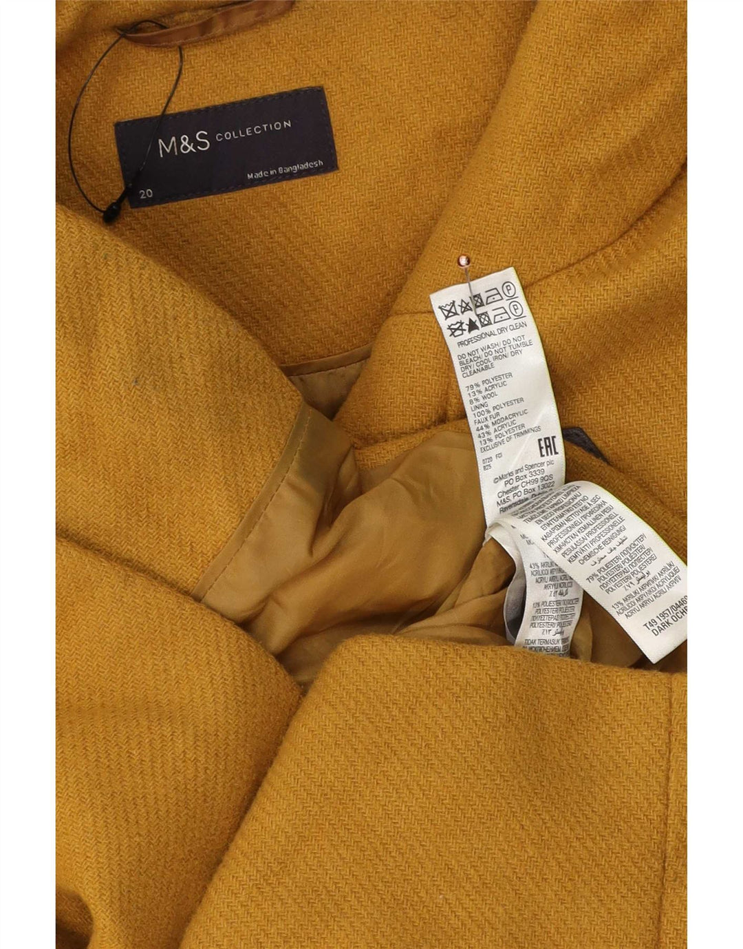Marks & Spencer Damen-Dufflecoat mit Kapuze, UK 20 2XL, gelbes Polyester