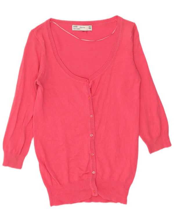 Zara Womens 3/4 Sleeve Cardigan Sweater UK 8 Small Pink Cotton