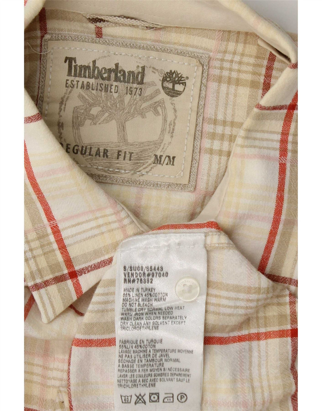 Timberland Herren Kurzarm-Hemd mit normaler Passform, mittelbeigefarbenes Karo-Leinen