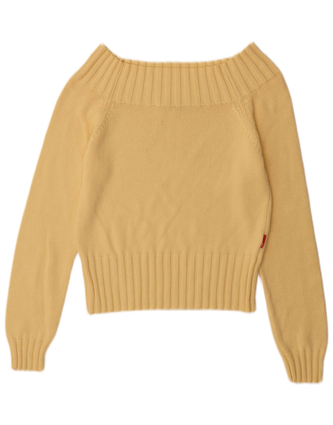 Vintage Damen Off Shoulder Pullover UK 12 Mittelgelbe Baumwolle