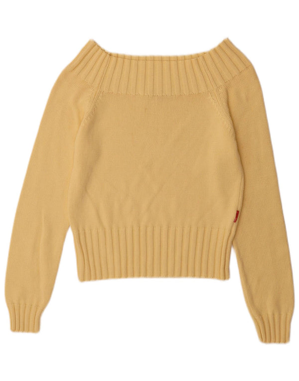Vintage Damen Off Shoulder Pullover UK 12 Mittelgelbe Baumwolle