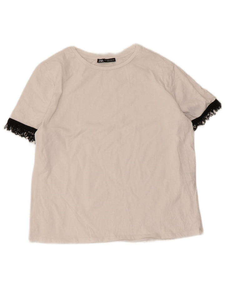 Zara Damen T-Shirt Top UK 12 Mittelweiße Colourblock-Baumwolle