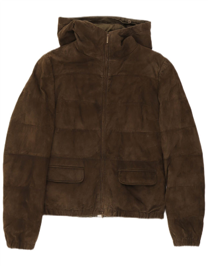 Max Mara Damen-Wildleder-gepolsterte Jacke mit Kapuze, UK 10, kleine Khaki-Leder-Bikerjacke