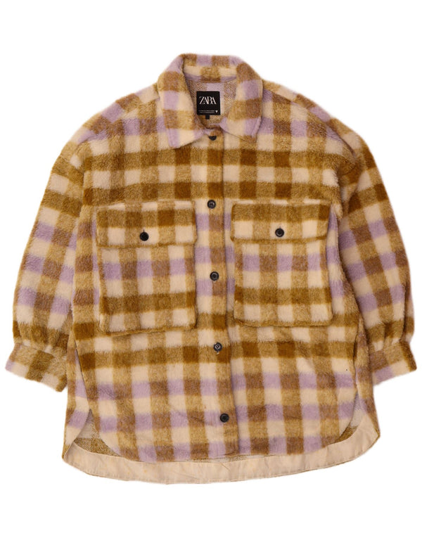Übergroße Fleecejacke für Damen von Zara, UK 10, Größe S, beige, kariertes Polyester