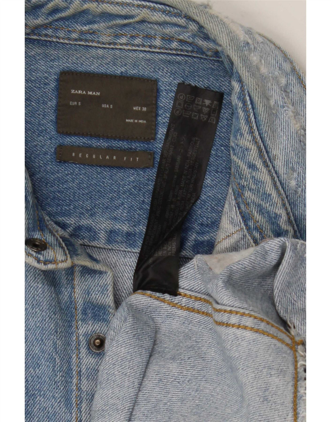 Zara Herren Jeanshemd im Distressed-Look, normale Passform, klein, aus blauer Baumwolle