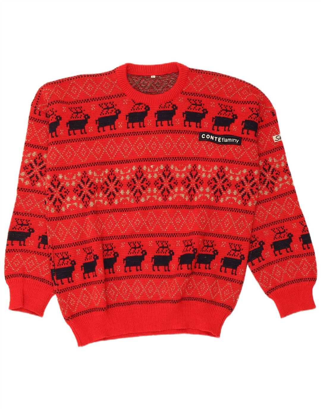 Vintage Herren-Pullover mit Rundhalsausschnitt, groß, rote Fair-Isle-Wolle
