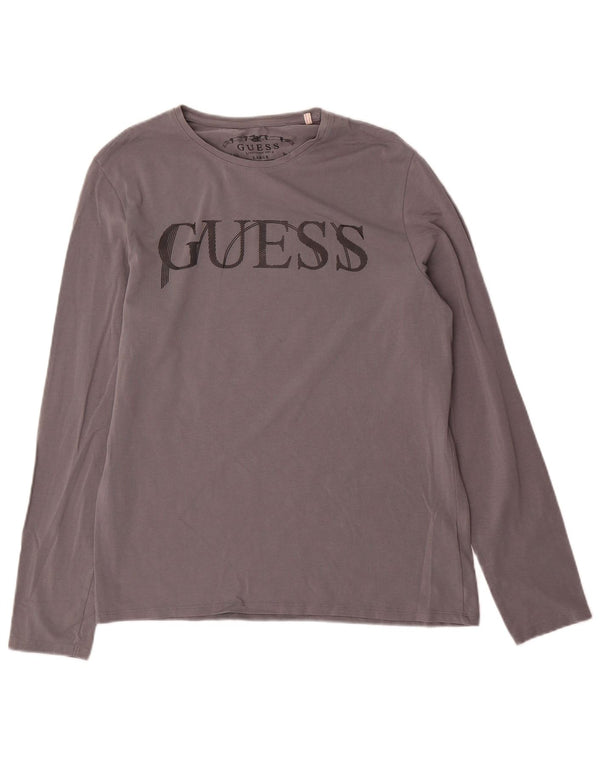 Guess Herren-Grafik-Oberteil, langärmelig, UK 40, mittelgraue Baumwolle