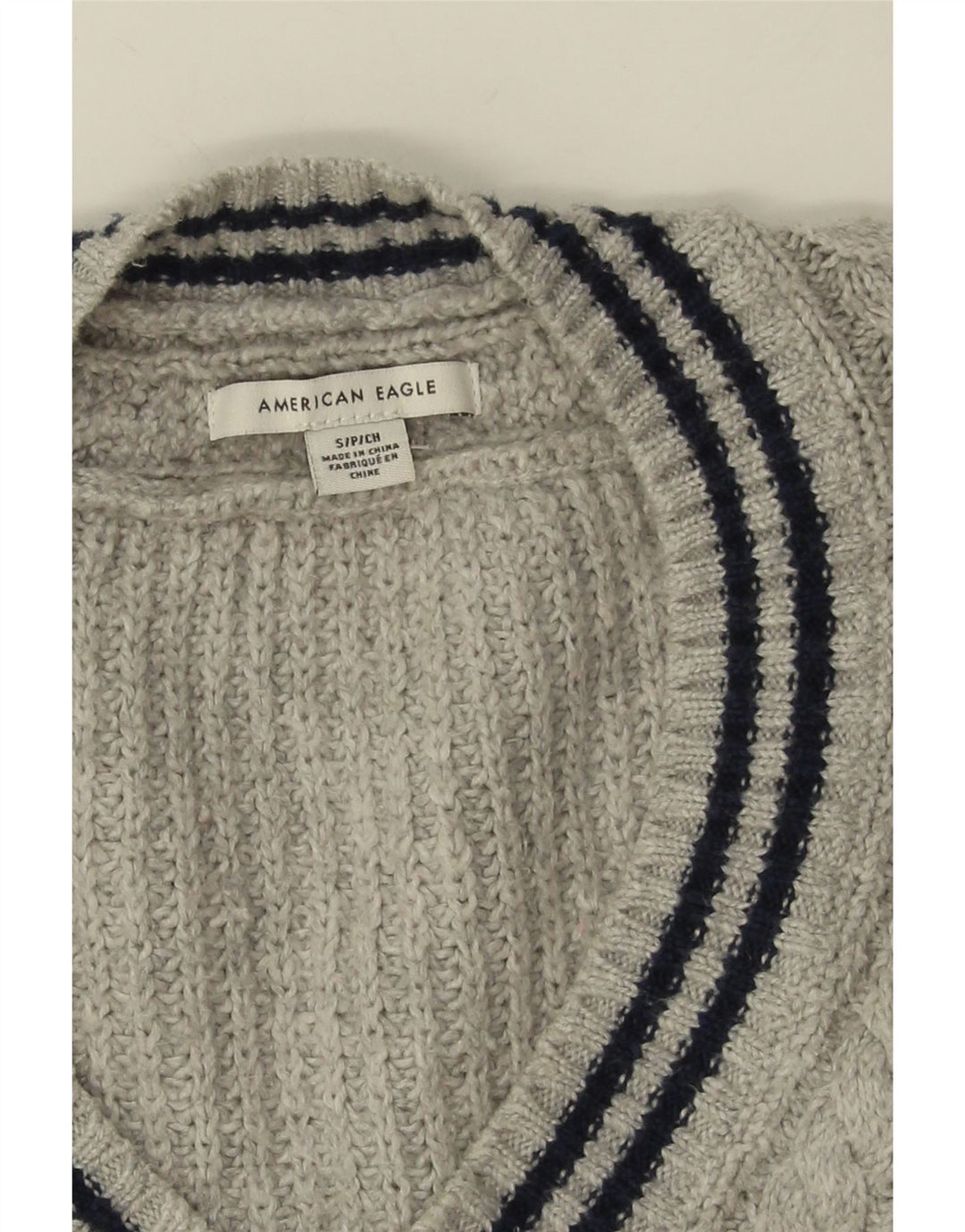 American Eagle Herren-Pullover mit V-Ausschnitt, Größe S, graue Baumwolle