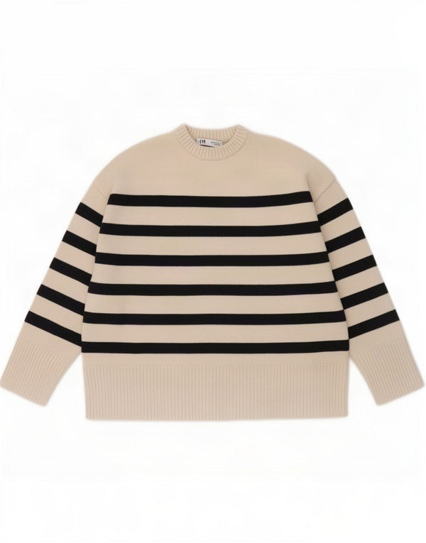 Zara Womens Crew Neck Jumper Sweater UK 16 Large Beige Striped Viscose