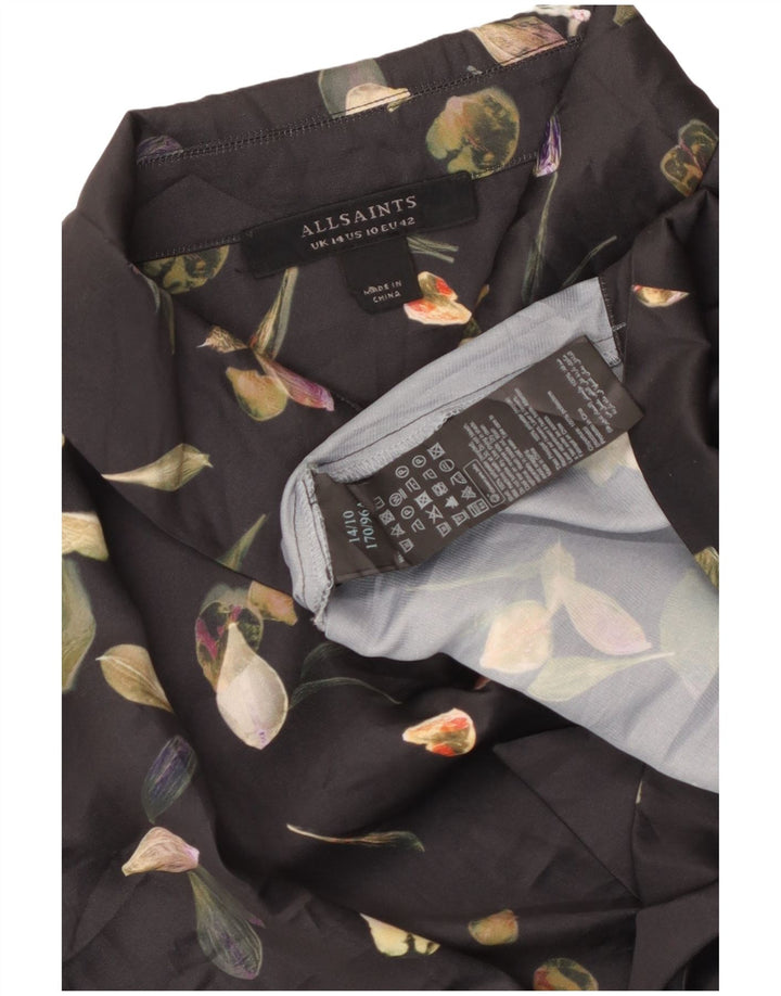 ALL SAINTS Damen-Hemdbluse mit bauchfreier Vorderseite und Krawatte, Größe 44, groß, schwarz, geblümt