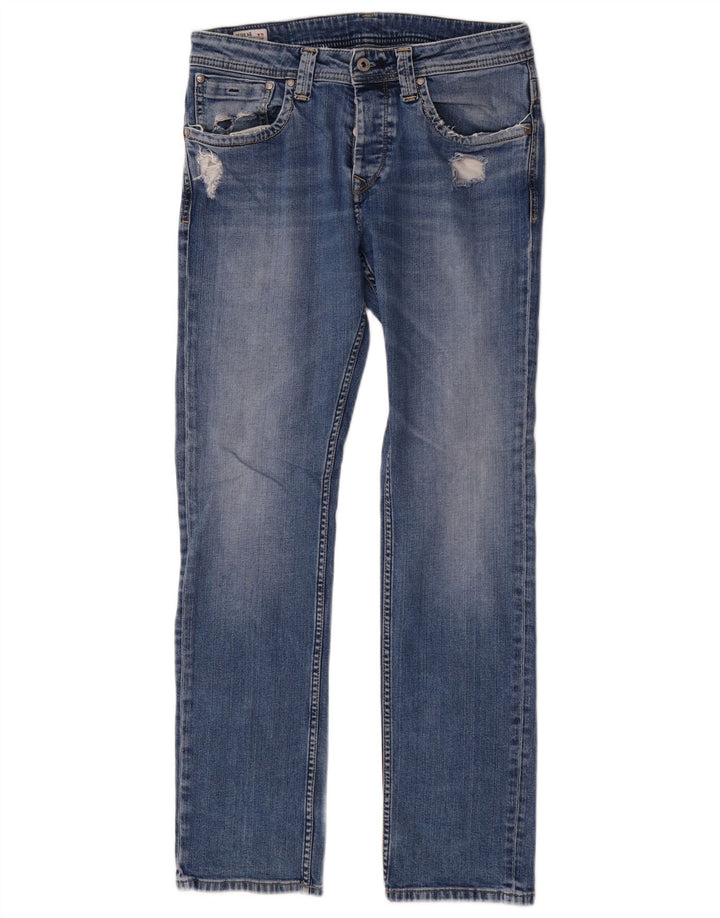 PEPE Jeans Herren Distressed Regular Straight Jeans W32 L32 Blaue Baumwolle