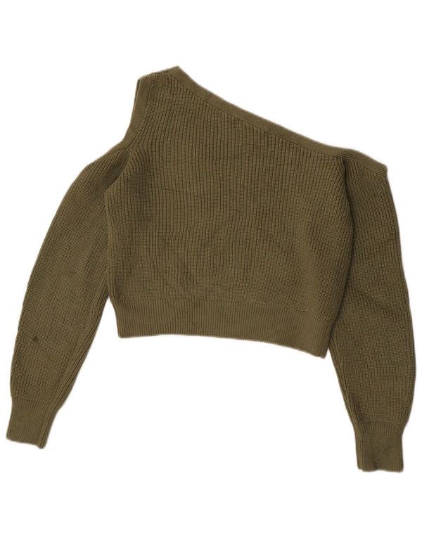 Zara Damen Crop One Shoulder U-Boot-Ausschnitt Pullover UK 12 Medium Khaki