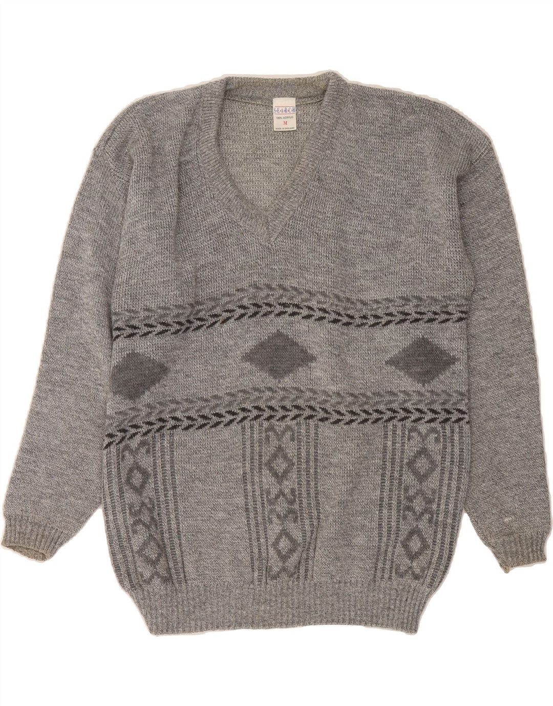 VINTAGE Mens V-Neck Jumper Sweater Medium Grey Argyle/Diamond Acrylic Vintage Vintage and Second-Hand Vintage from Messina Hembry 
