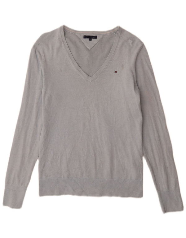 Tommy Hilfiger Damen-Pullover mit V-Ausschnitt, UK 14, mittelblaue Baumwolle