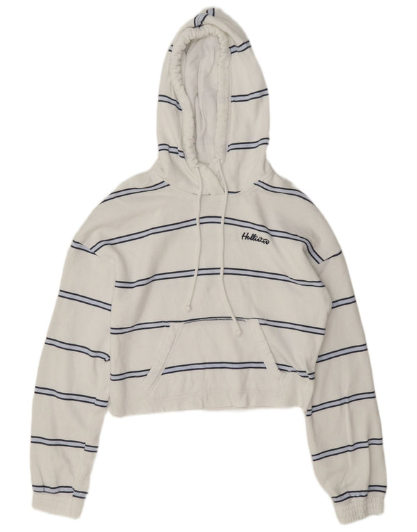 Hollister Womens Crop Oversized Hoodie Pullover UK 6 XS Weiß gestreift Baumwolle