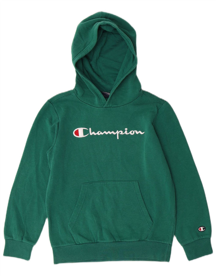 CHAMPION Boys Graphic Hoodie Jumper 9-10 Years Medium Green