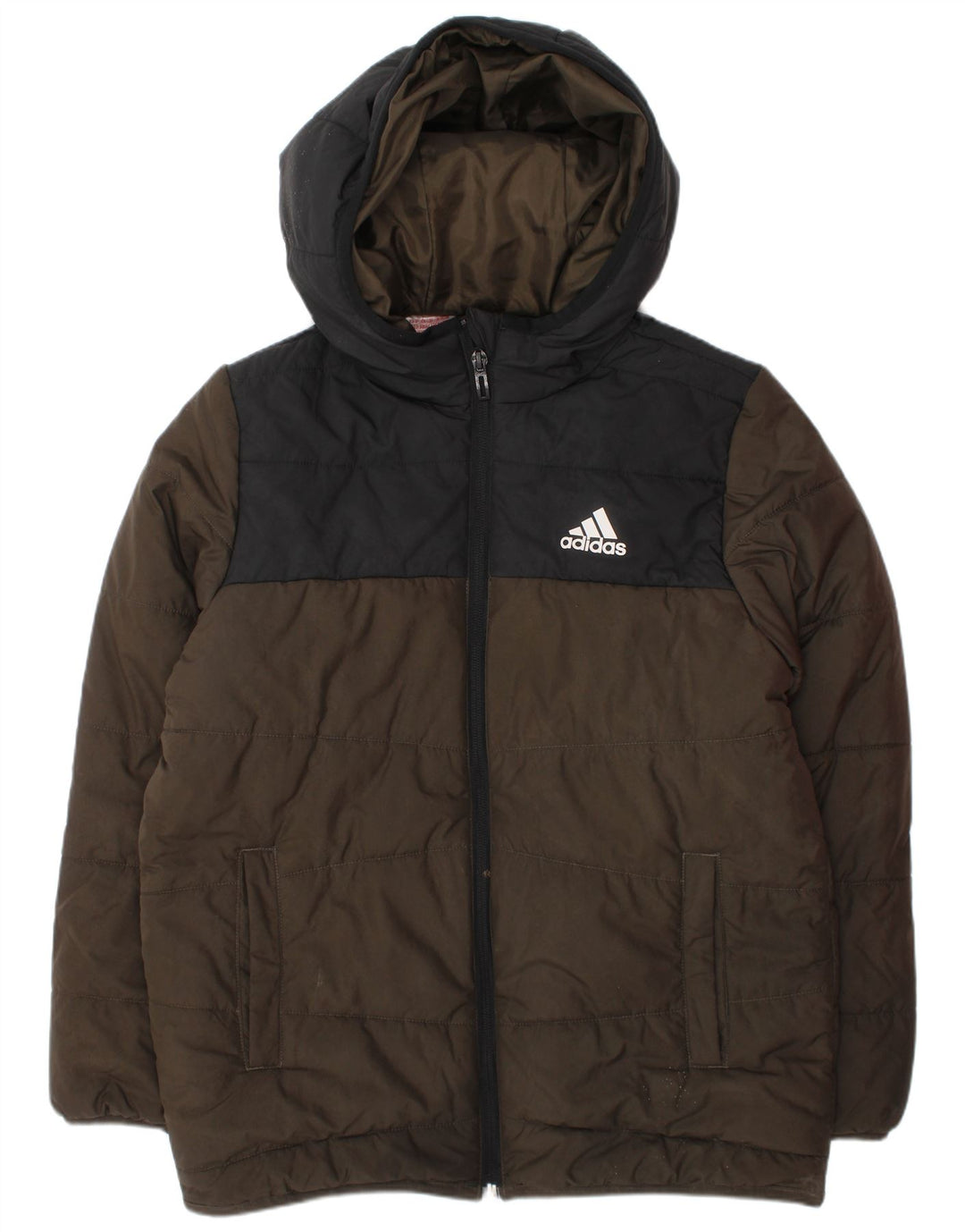 Adidas Jungen wattierte Jacke mit Kapuze, 9–10 Jahre, Khaki, Colourblock-Polyester