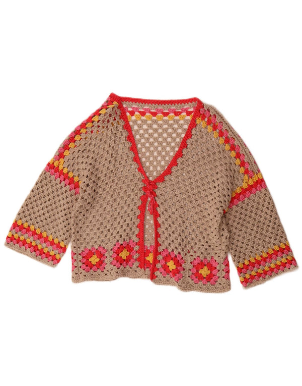 Vintage Damen 3/4-Ärmel Häkel-Cardigan-Pullover UK 16 Großes Grau geblümt