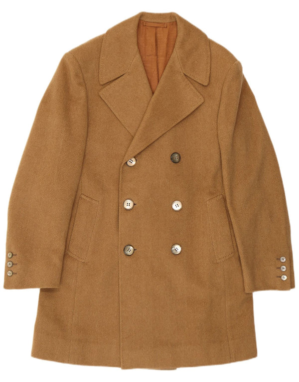 Vintage Herren Zweireiher Mantel UK 34 XS Beige Fischgrätenmuster