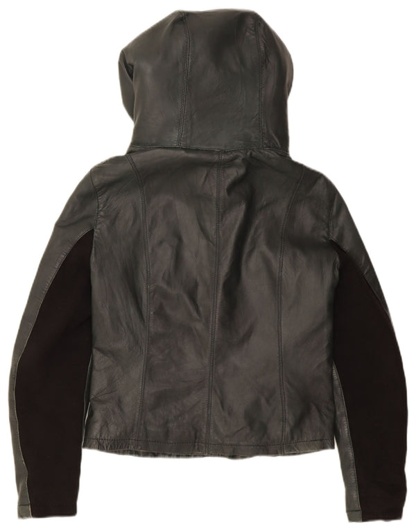 XETRA Damen Crop Hooded Lederjacke UK 12 Medium Schwarz