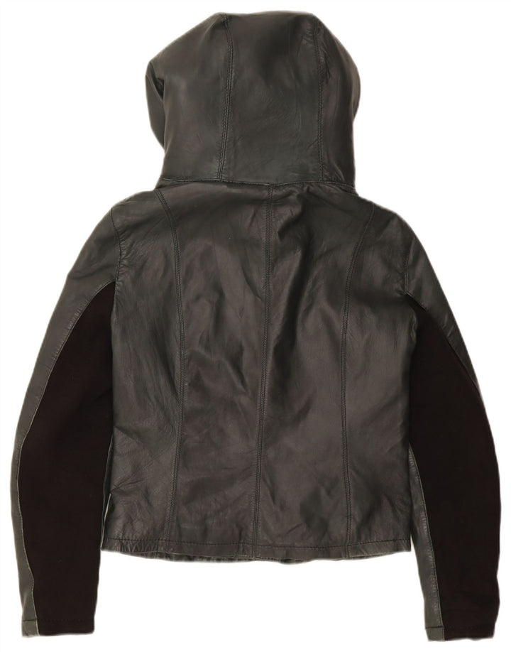 XETRA Damen Crop Hooded Lederjacke UK 12 Medium Schwarz