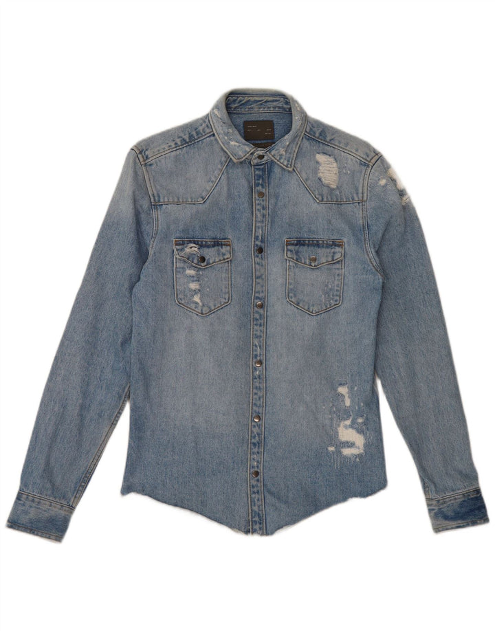 Zara Herren Jeanshemd im Distressed-Look, normale Passform, klein, aus blauer Baumwolle