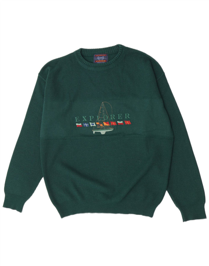 Explorer Herren-Pullover mit grafischem Rundhalsausschnitt, IT 50, mittelgrüne Wolle