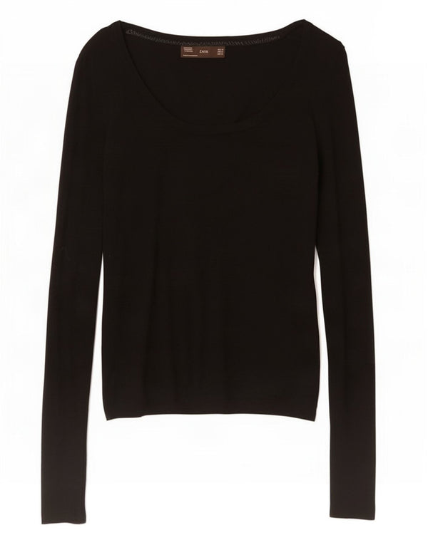 Zara Damen Top Langarm UK 14 Medium Schwarz Rayon