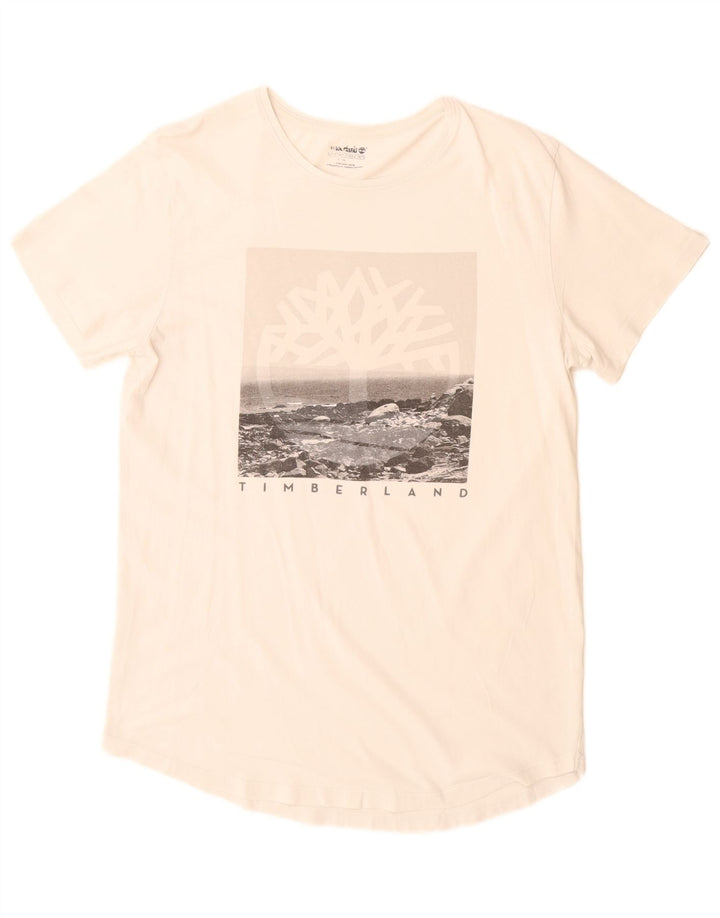 Timberland Herren Grafik-T-Shirt-Oberteil aus mittelweißer Baumwolle