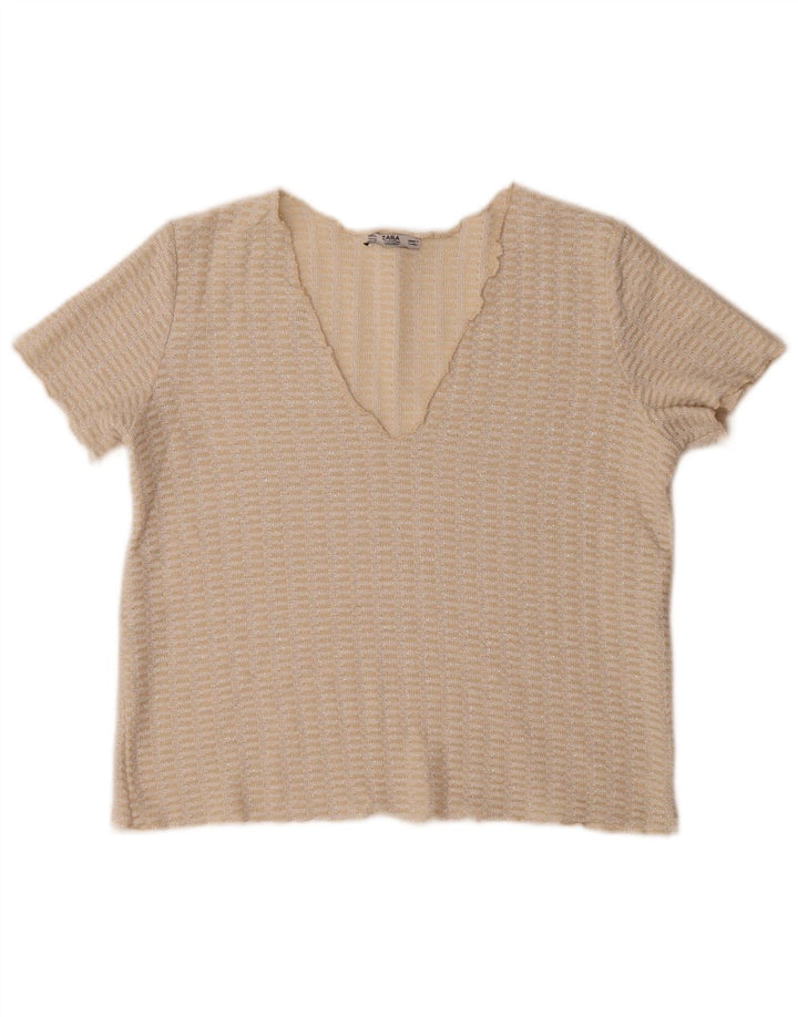 Zara Damen Crop Knit Bluse Top UK 14 Mittelbeige meliert