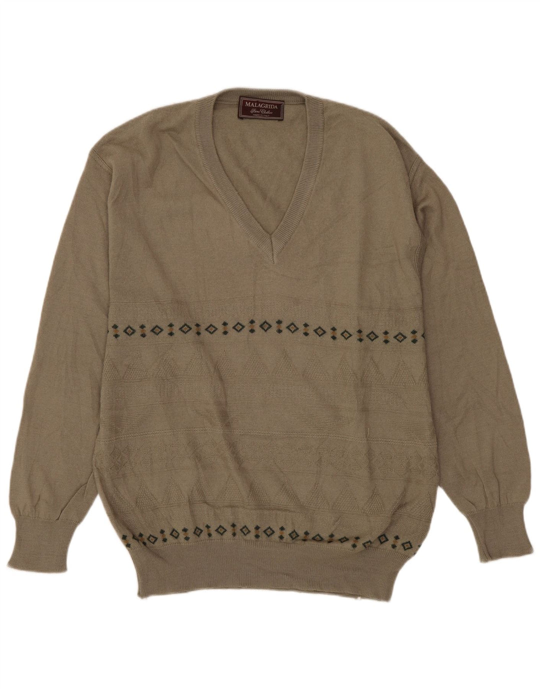 MALAGRIDA Herren-Pullover mit V-Ausschnitt aus mittelgrauer, geometrischer Wolle