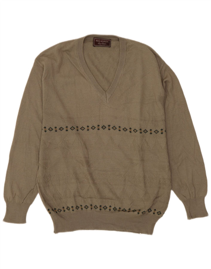 MALAGRIDA Herren-Pullover mit V-Ausschnitt aus mittelgrauer, geometrischer Wolle